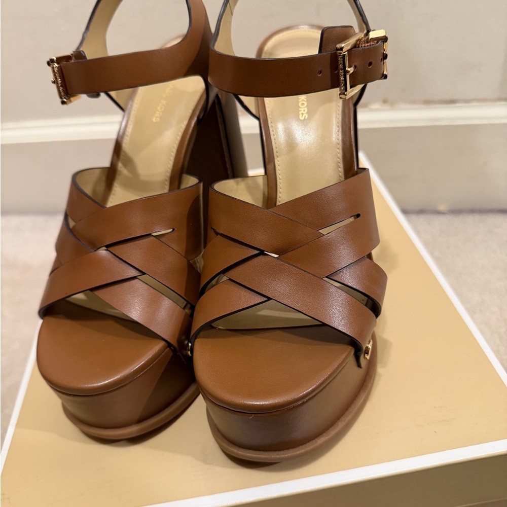 Michael Kors Tan Leather Crisscross Platform Sandals